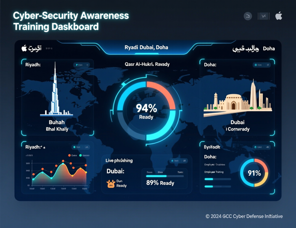 Dashboard showing ROI metrics of cyber security awareness programs in Riyadh, Dubai and Doha