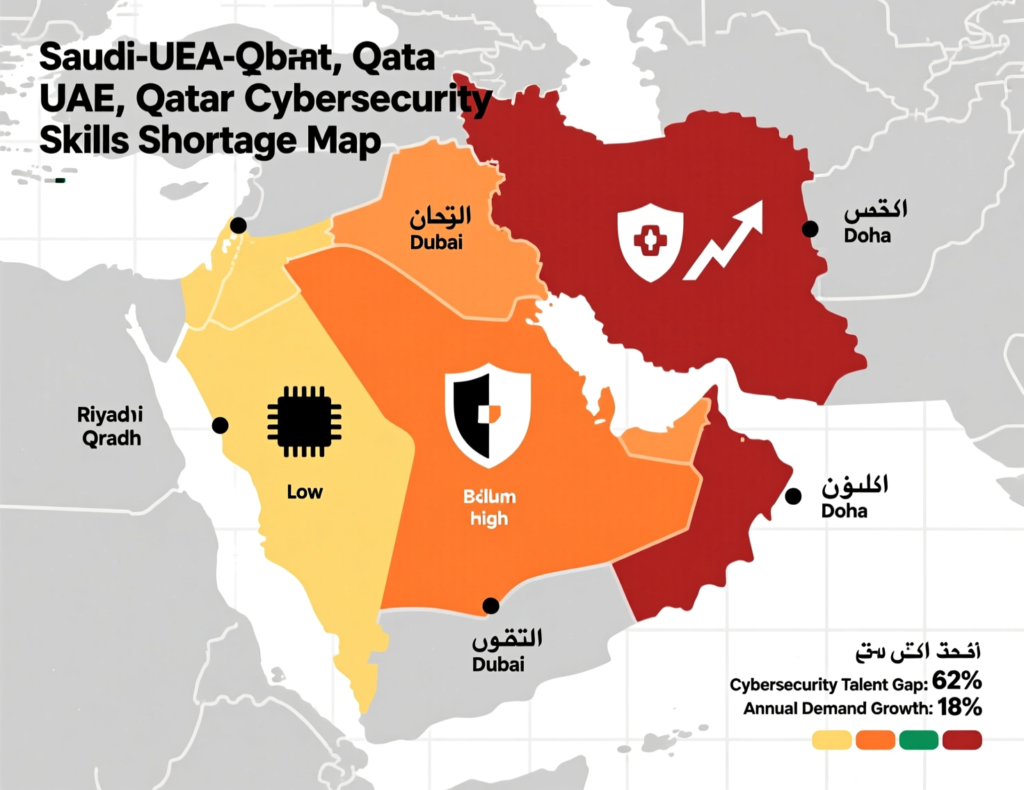 Map of Saudi Arabia, UAE and Qatar highlighting cybersecurity talent shortage in MENA