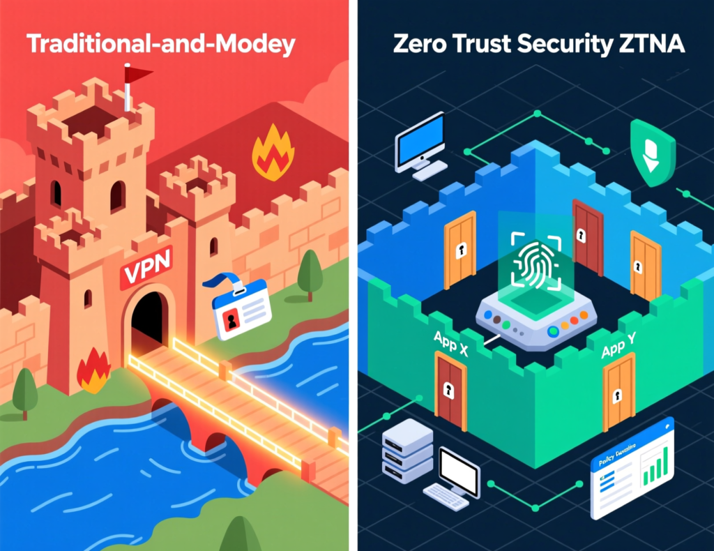 Visual comparison of zero trust security vs traditional perimeter VPN and firewalls in 2025