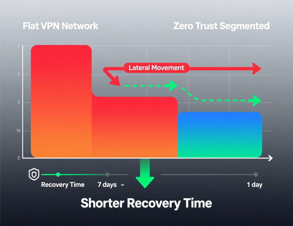 Chart illustrating how zero trust security reduces ransomware blast radius and breach impact in 2025