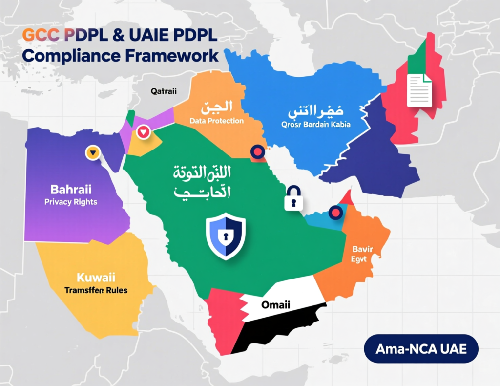Visual map of SAMA, NCA, UAE PDPL and QCB influencing phishing awareness training in the Middle East