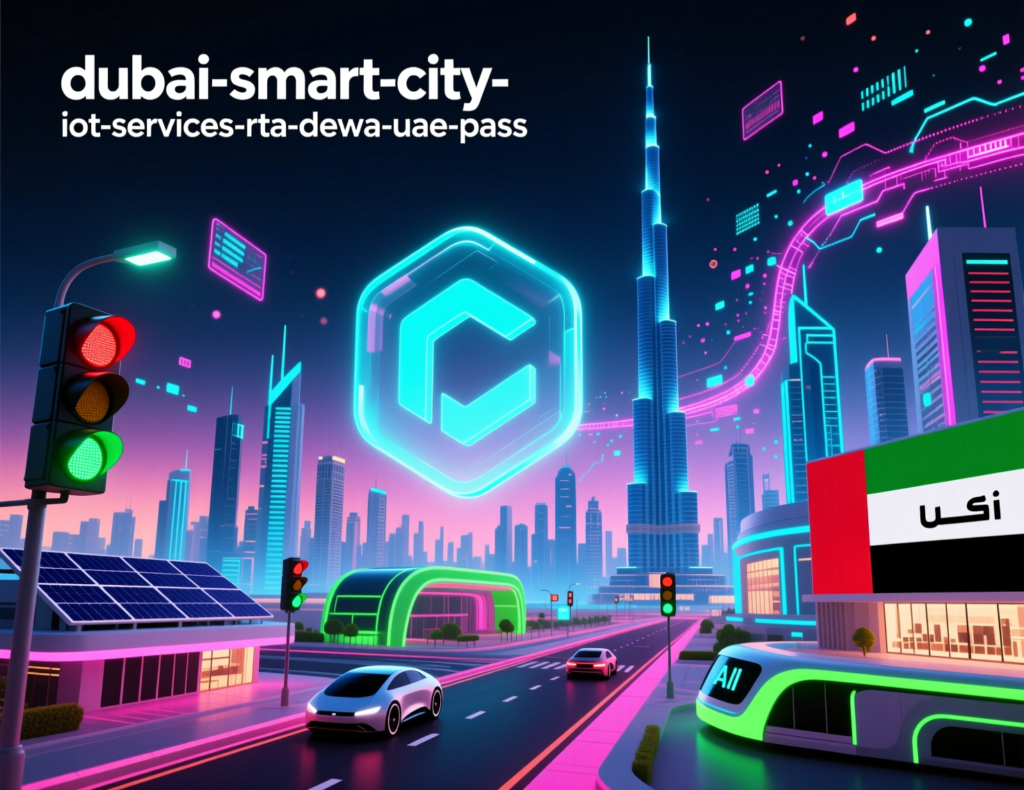 Diagram of Dubai smart city IoT use cases including RTA mobility, DEWA smart meters and UAE Pass services