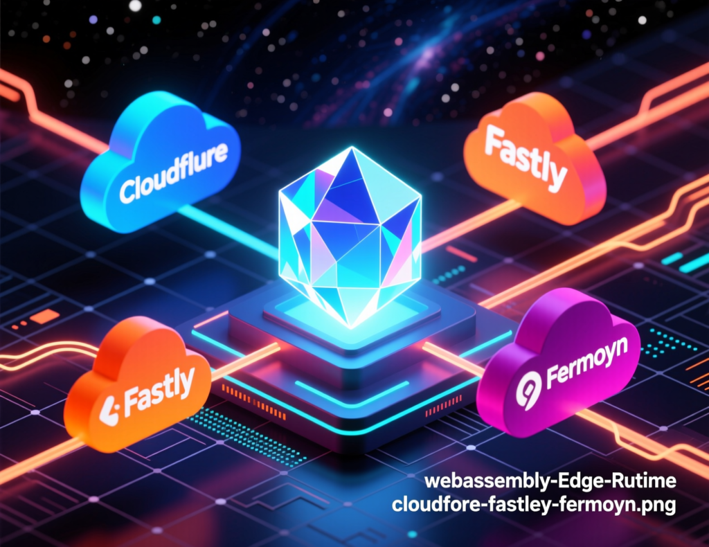 Concept graphic of WebAssembly edge runtimes on Cloudflare, Fastly and Fermyon across global locations