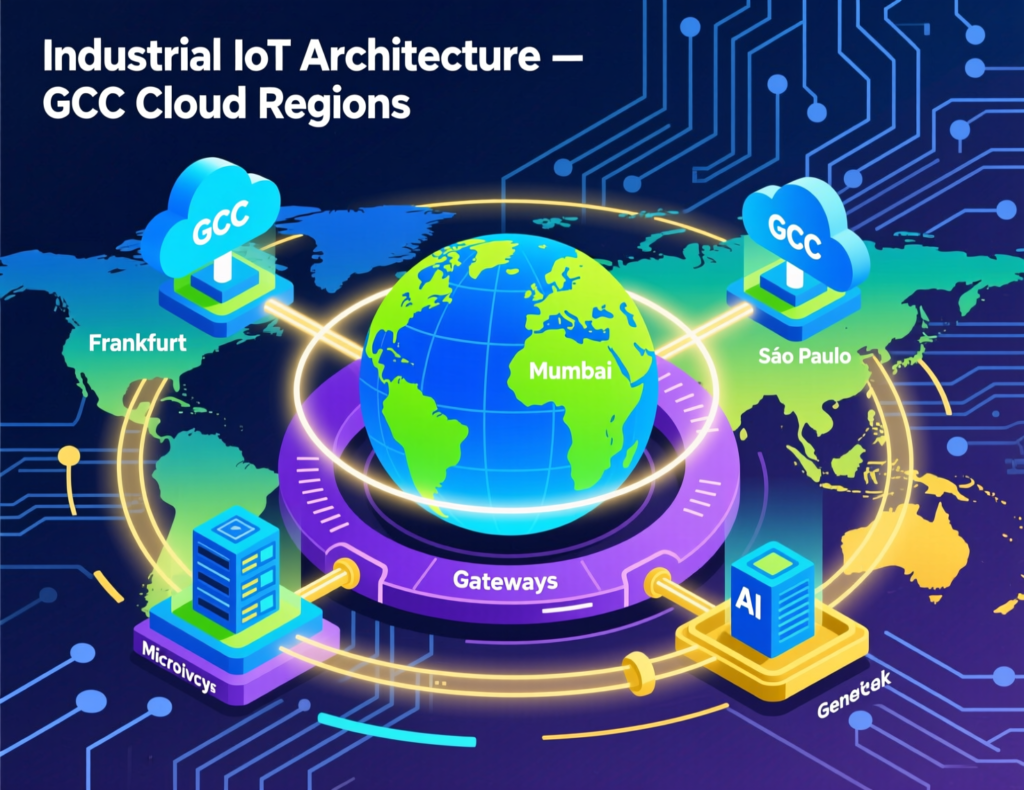GCC-compliant industrial IoT architecture using AWS Bahrain, Azure UAE and Doha cloud regions