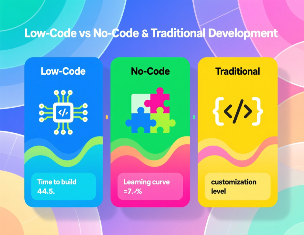 Comparison diagram of low-code, no-code, and traditional development approaches