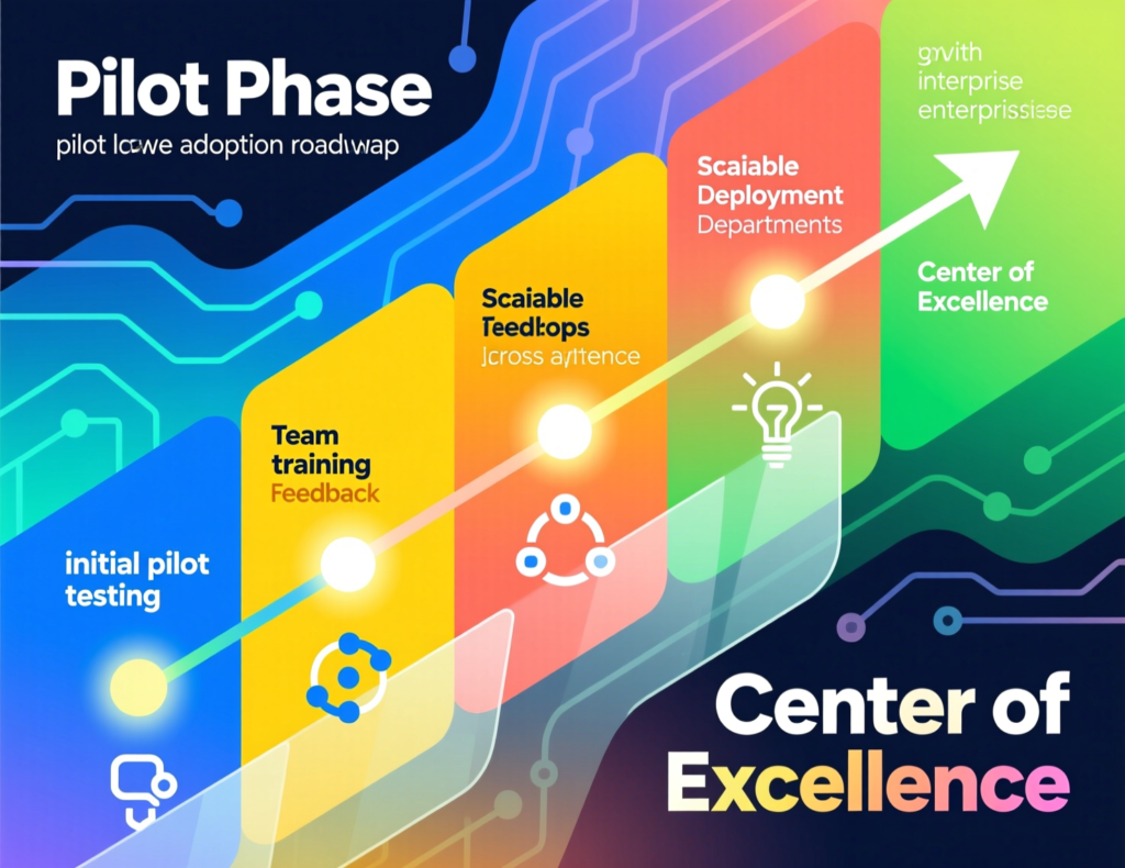 Roadmap diagram for low-code no-code adoption from pilot to Center of Excellence
