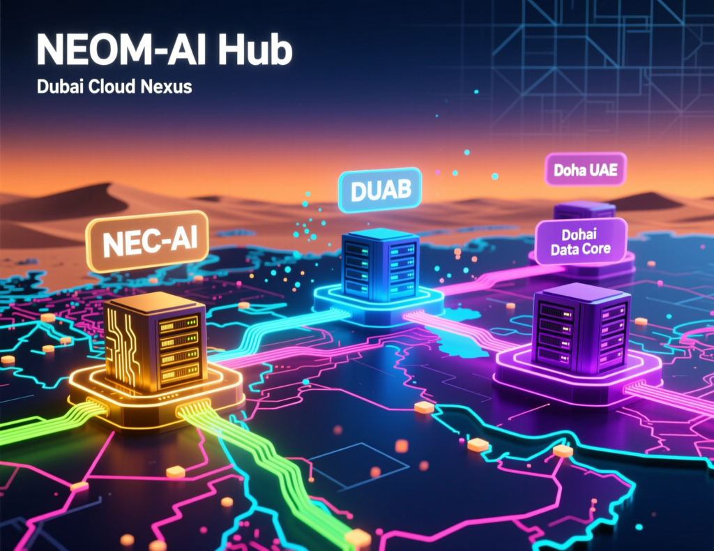 Map-style graphic of GCC AI, data centers, and cloud regions linked to Saudi Vision 2030 digital transformation