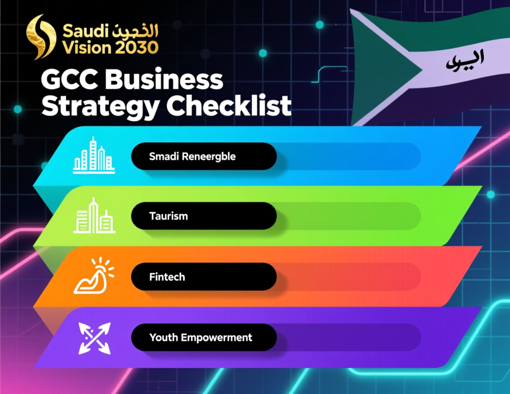 Checklist graphic for GCC businesses planning a Saudi Vision 2030 digital transformation strategy