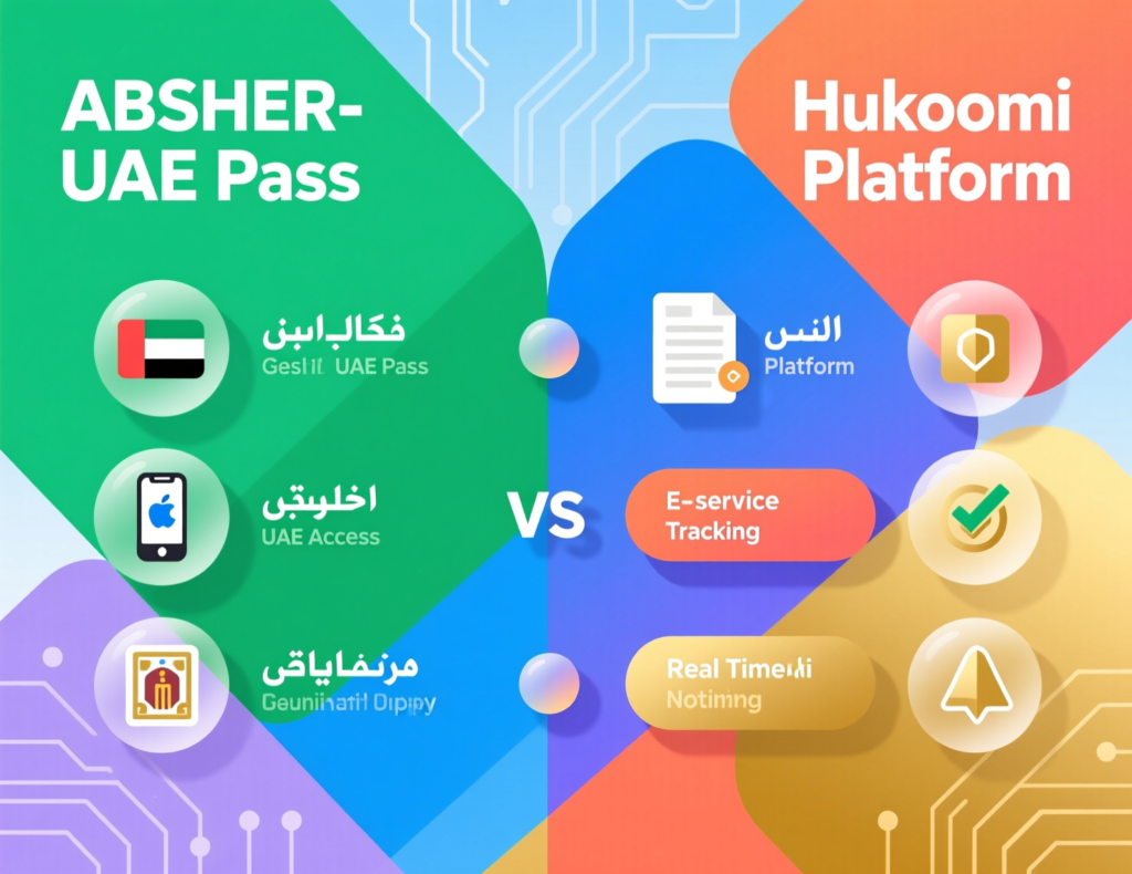Comparison diagram of Absher, UAE Pass and Qatar’s Hukoomi e-government platforms