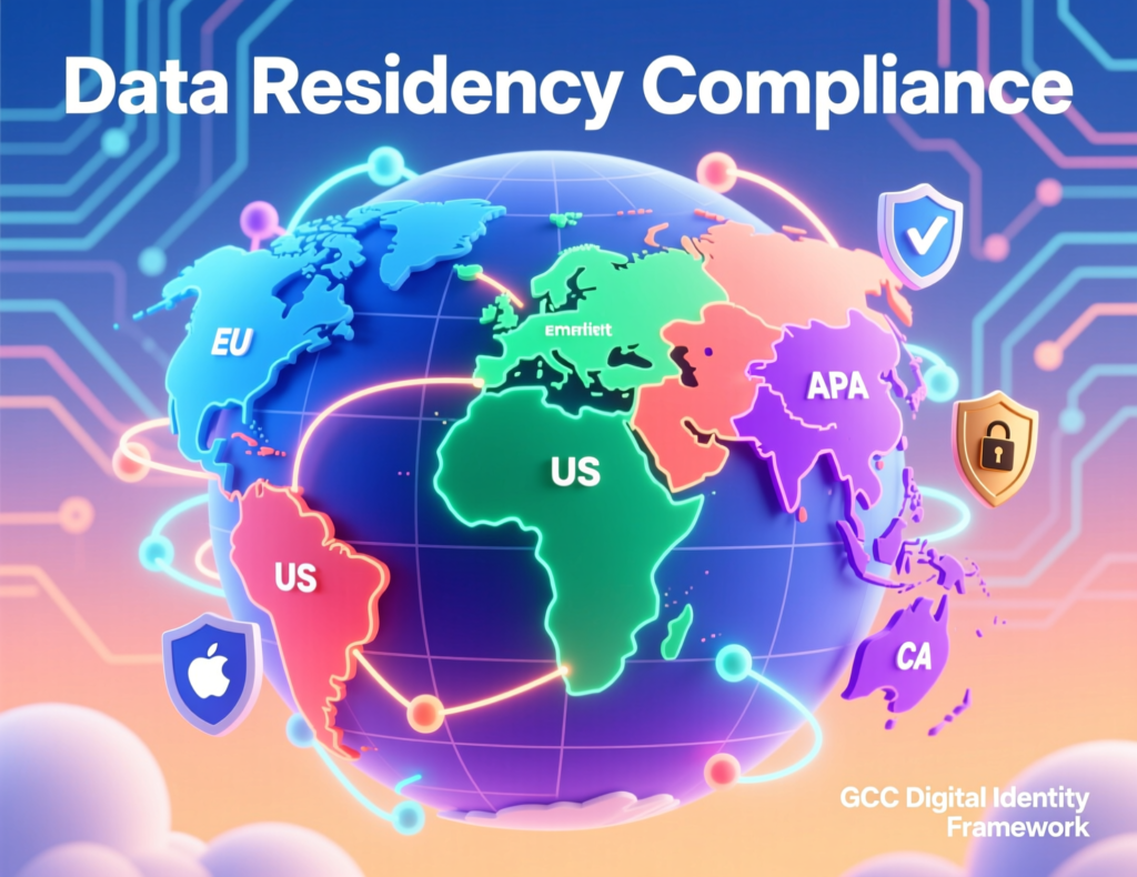 Illustration of GCC digital identity and data residency with local cloud regions in Saudi Arabia, UAE and Qatar