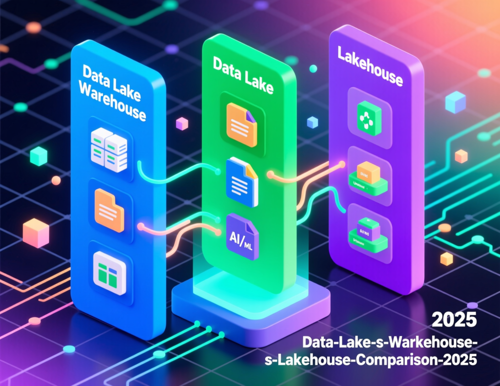 Table comparing data lake, data warehouse, and data lakehouse characteristics