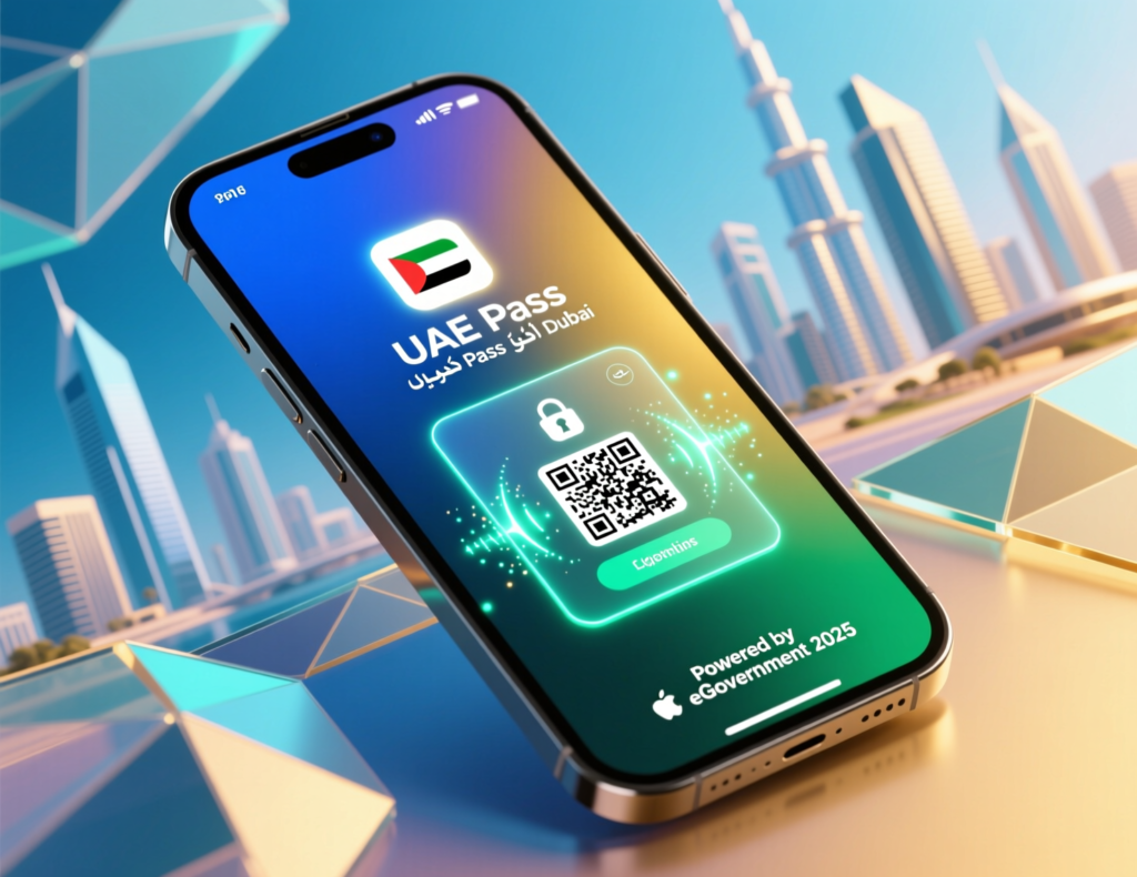 User in Dubai logging into e-government services with UAE Pass single sign-on on a smartphone
