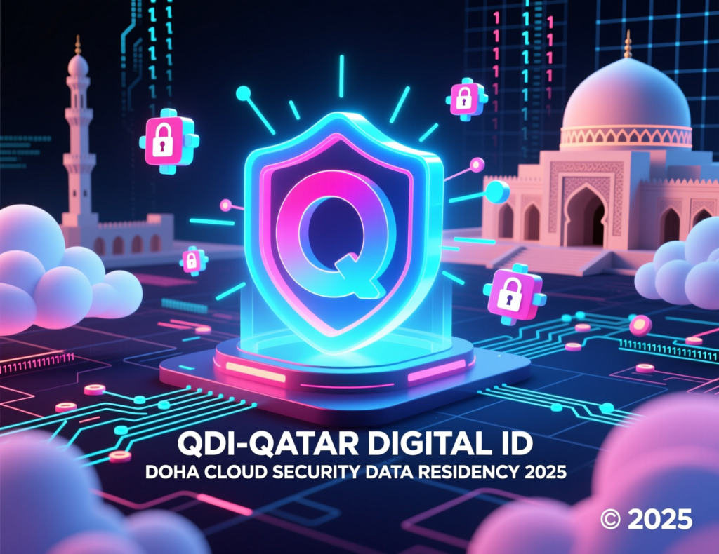 Illustration of Qatar’s QDI app connected to secure Doha cloud data centers and government portals