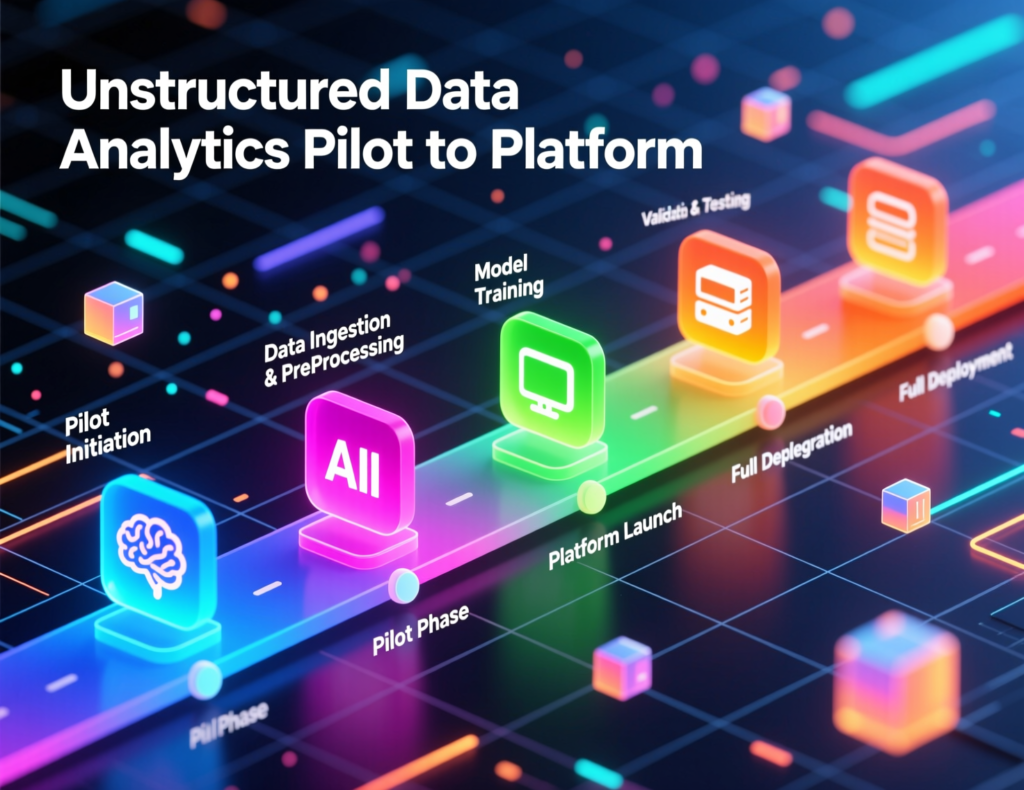 Roadmap diagram from pilot to platform for unstructured data analytics in US, UK and EU