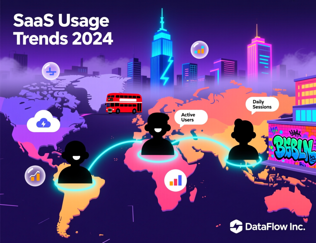 Employees using shadow SaaS tools on laptops and phones in New York, London and Berlin offices