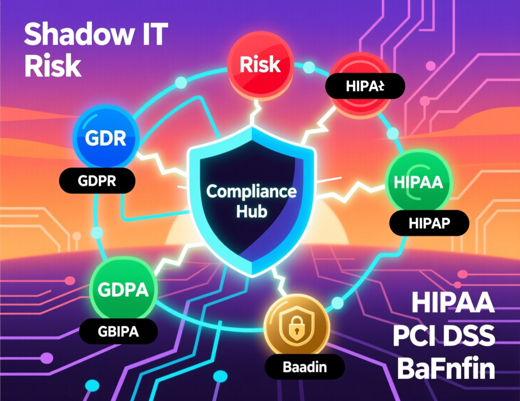 Shadow IT risk and compliance diagram with GDPR, UK GDPR, HIPAA, PCI DSS and BaFin logos
