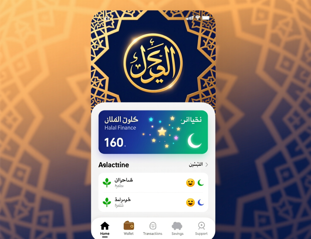 Islamic fintech banking app showing Arabic-first bilingual UX on mobile