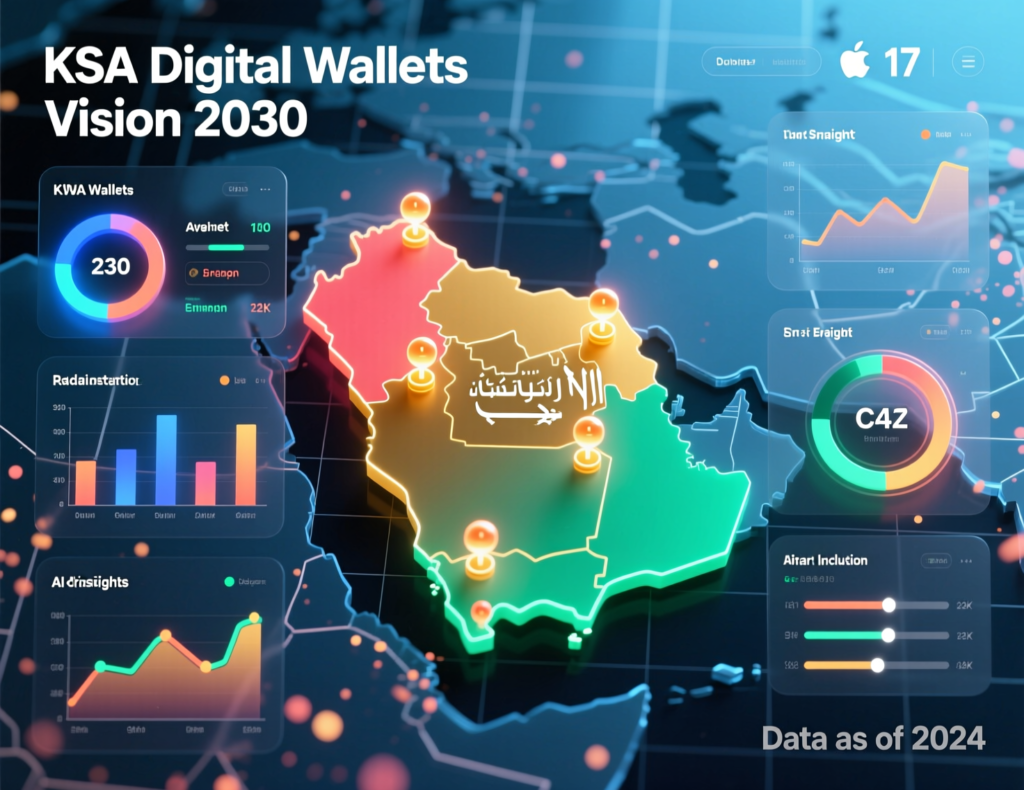 Data dashboard showing Vision 2030 progress and digital wallets in GCC for Saudi Arabia
