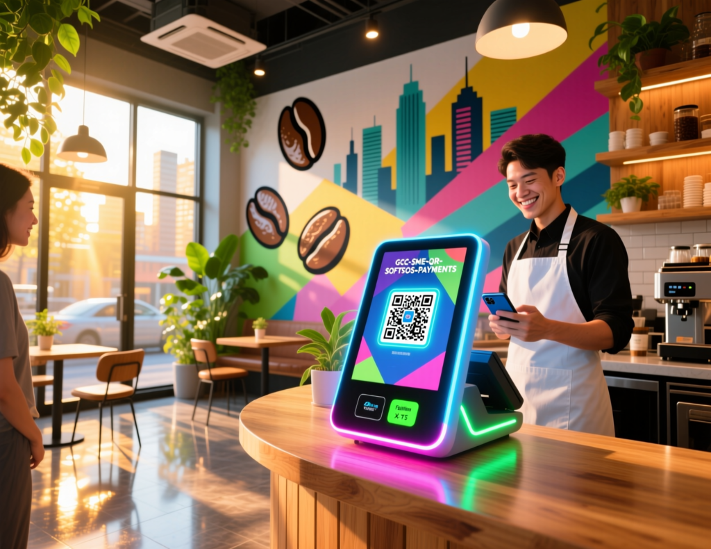 Small café in GCC using QR codes and SoftPOS to accept digital wallets in GCC