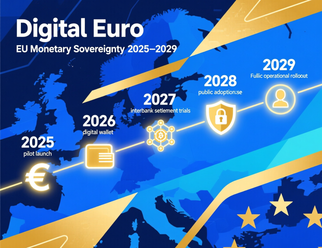 Timeline of the digital euro project from investigation phase to pilot in 2027 and potential launch in 2029.