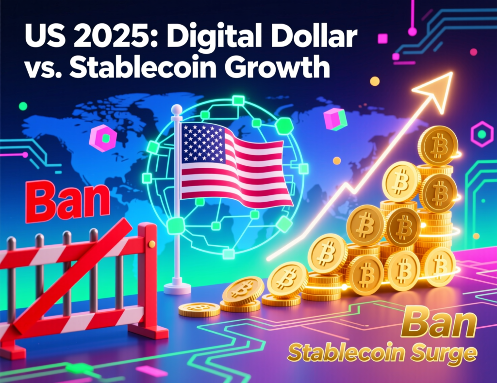 Illustration of US digital dollar ban contrasted with rising use of dollar stablecoins.