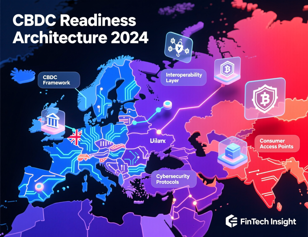 Architecture diagram for a CBDC-ready banking and fintech stack across the US, UK and Europe.