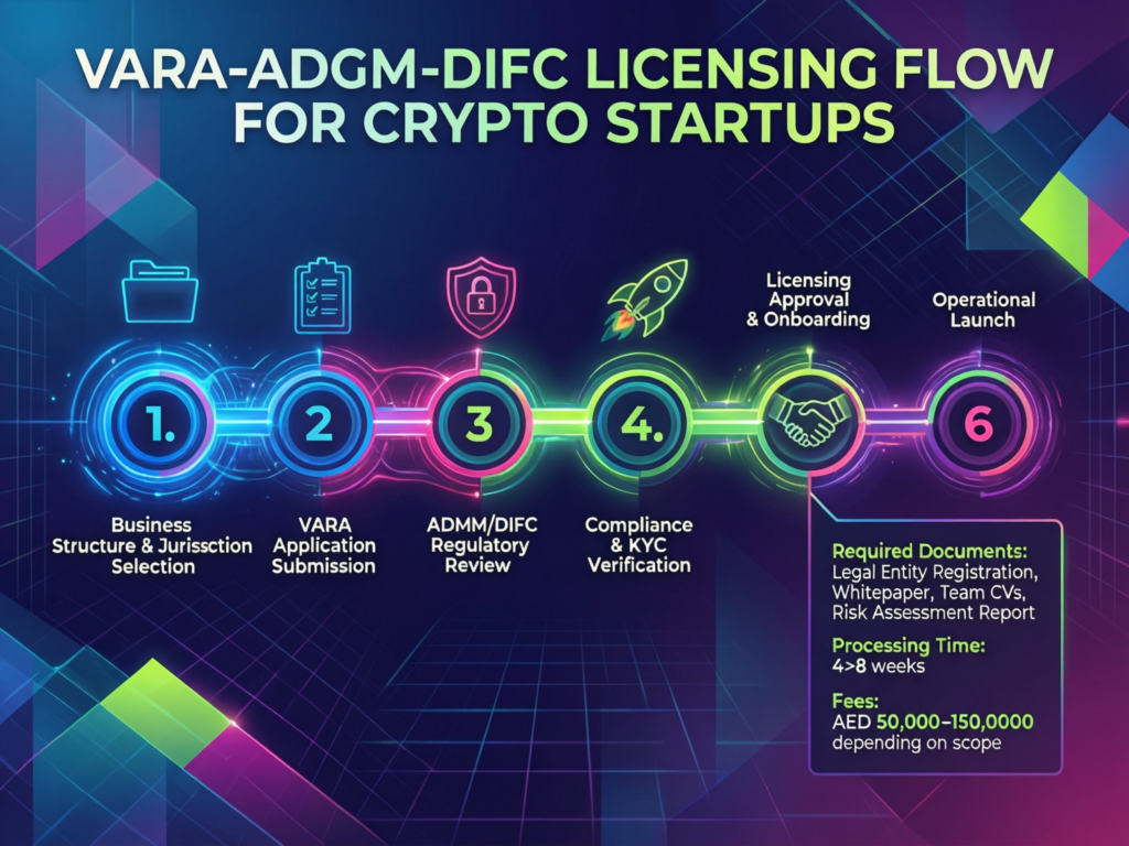 Flowchart of VARA, ADGM and DIFC licensing paths for crypto startups
