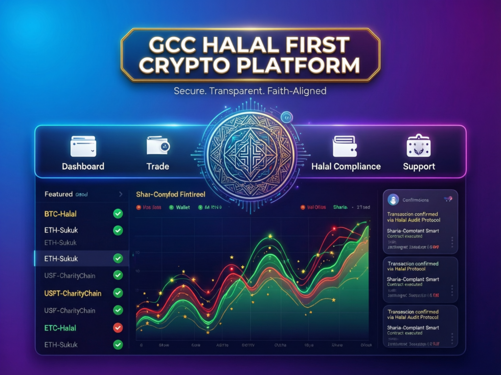 UI mockup of a halal-first crypto investing app for GCC users