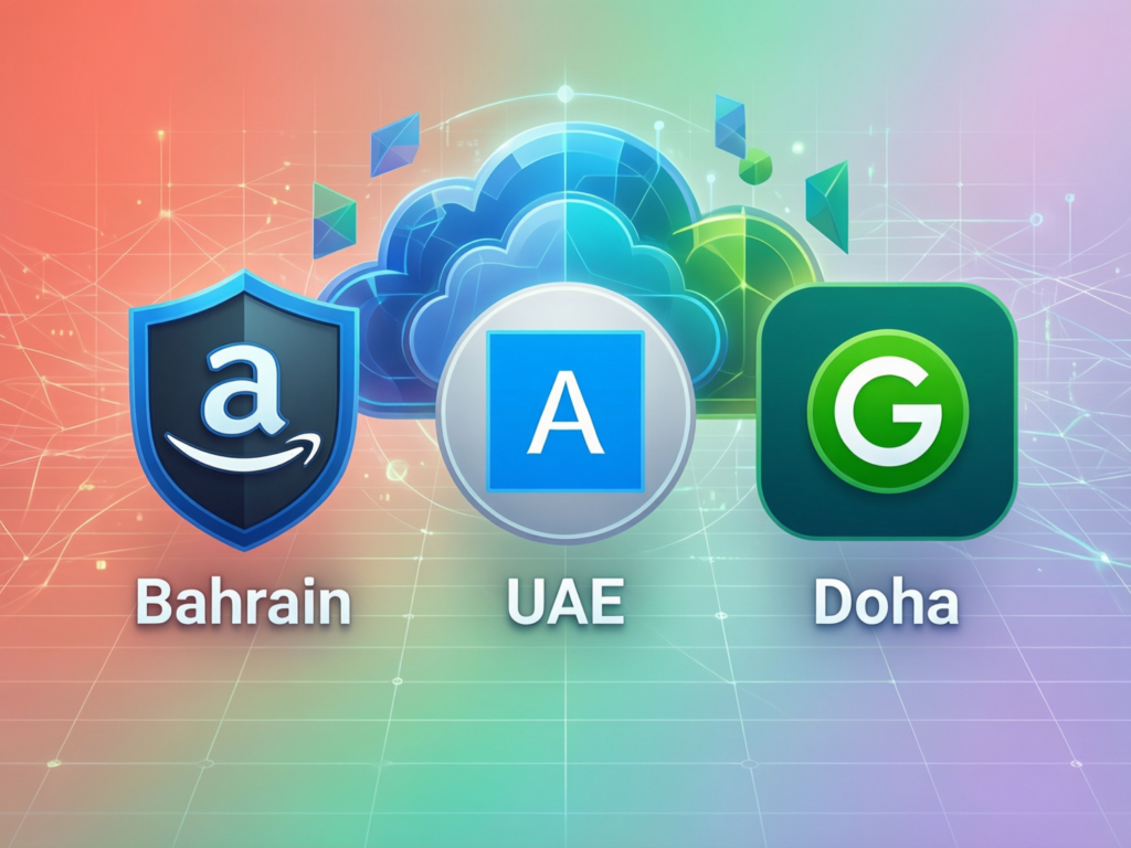 Diagram of GCC data residency for ecommerce using AWS Bahrain, Azure UAE Central and GCP Doha.