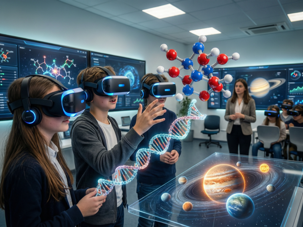 Students using VR in education for a virtual science lab in Europe