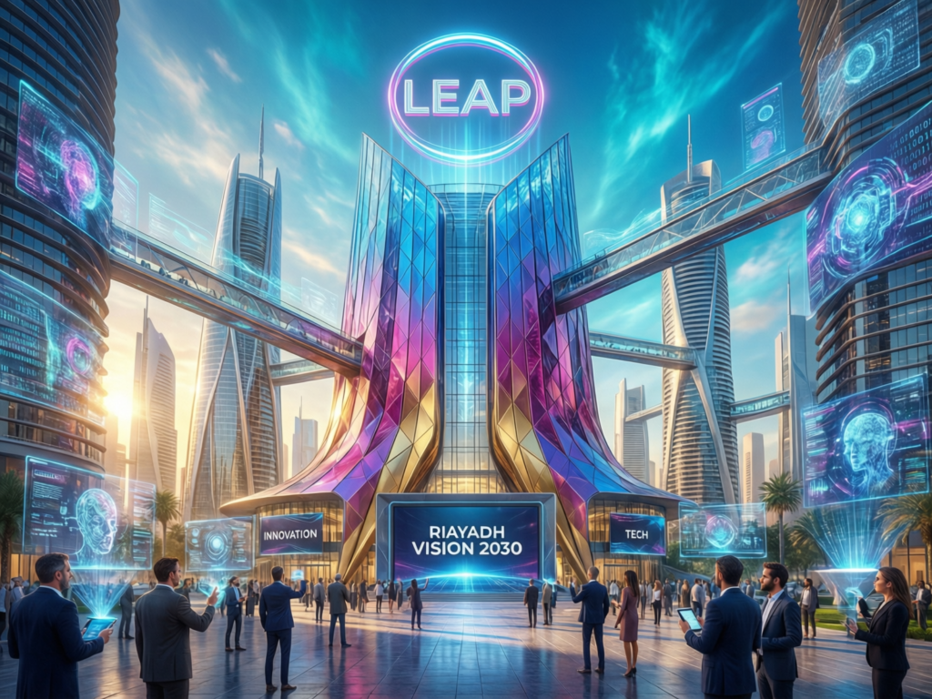 Riyadh Vision 2030 scene showing Middle East tech startup hubs and LEAP conference