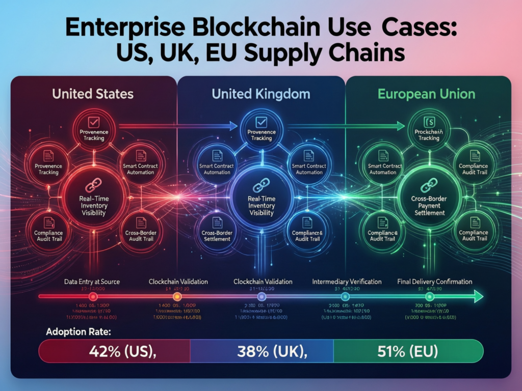 Visual map of enterprise blockchain use cases in US, UK and EU supply chains for 2025.