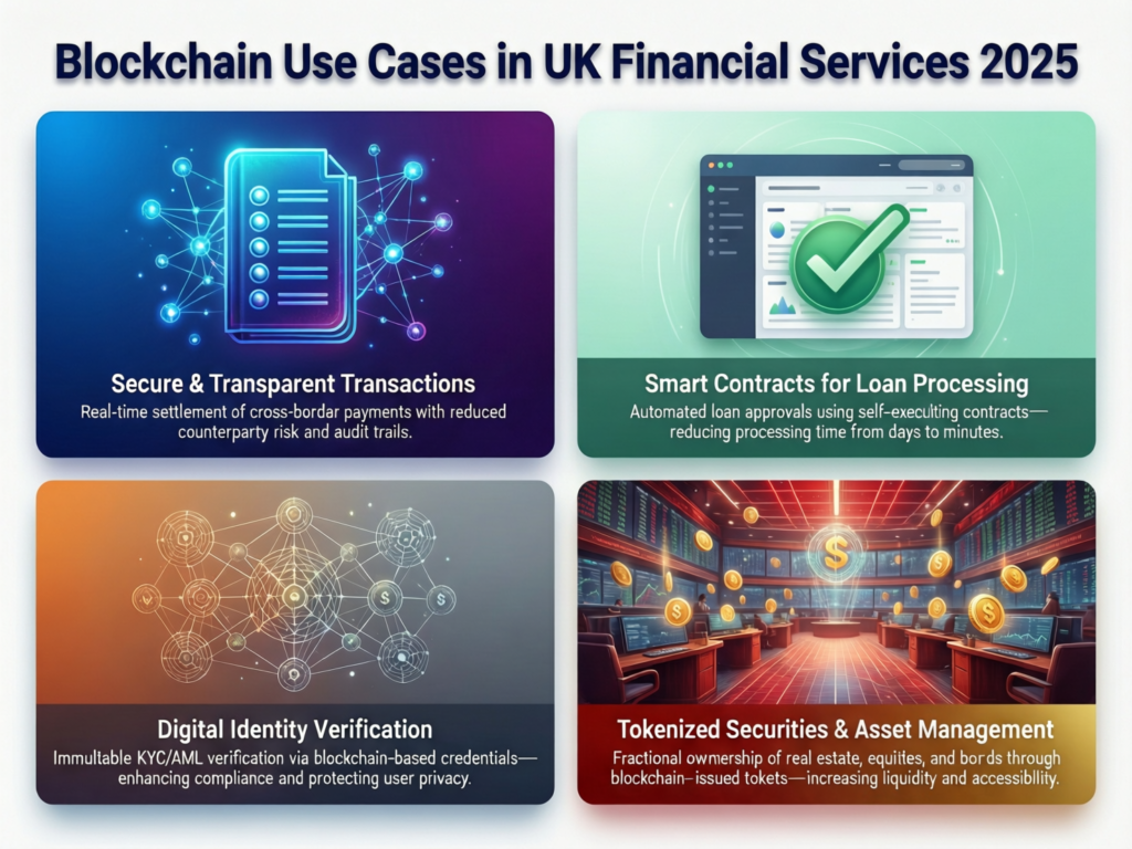 Illustration of blockchain use cases in UK financial services in 2025, including tokenized securities and payments.