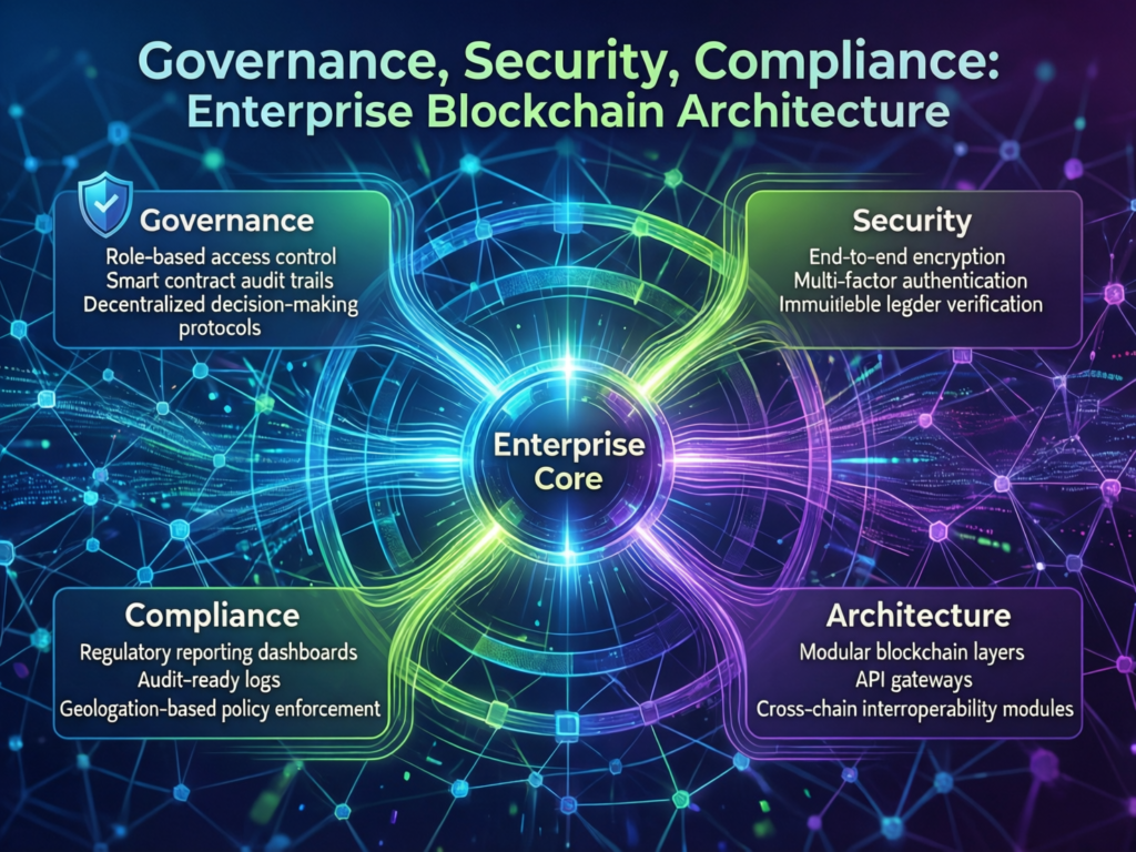 Architecture diagram showing governance, security and compliance layers in enterprise blockchain networks.