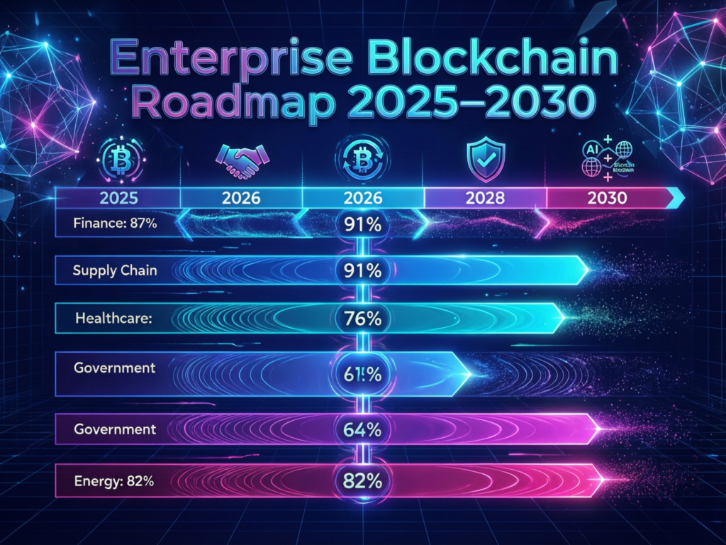 Timeline roadmap for enterprise blockchain adoption from 2025 to 2030.