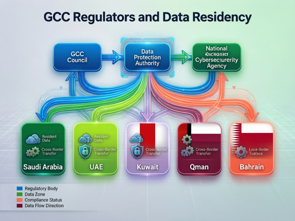 Diagram explaining GCC regulators and data residency for scaling a startup in the Middle East