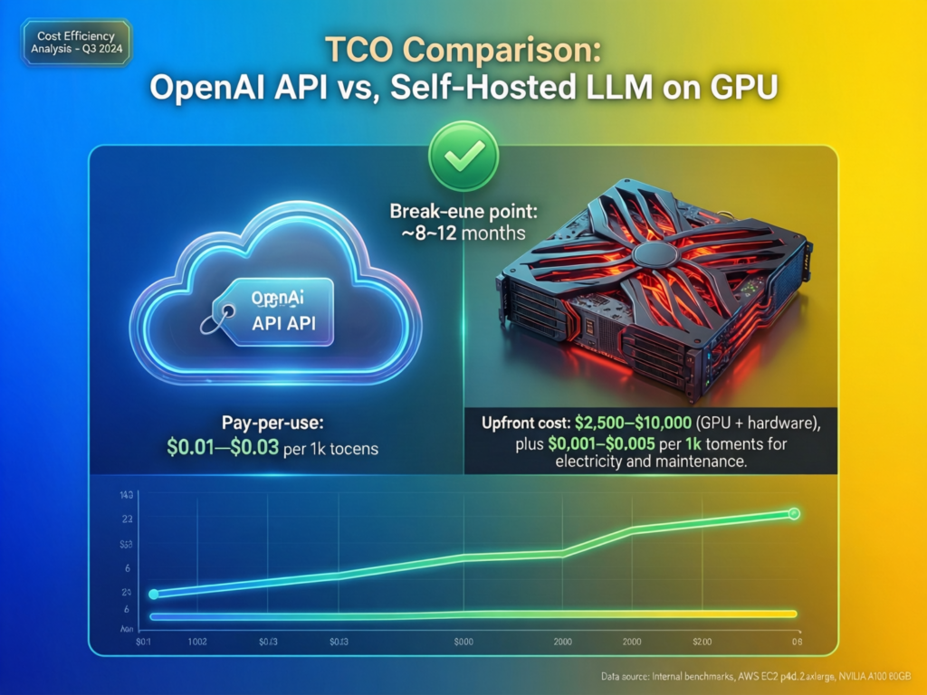 Total cost of ownership chart comparing OpenAI API vs self-hosted LLM GPU clusters over time