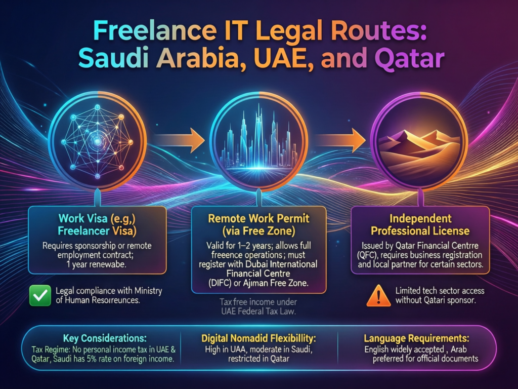Diagram of legal routes for freelance IT jobs in Saudi Arabia, UAE and Qatar