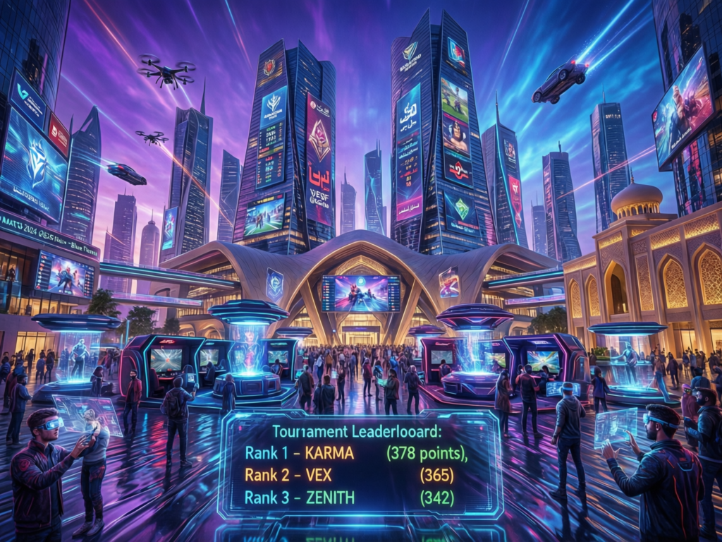 Doha skyline with esports broadcast studio representing Qatar’s role in the Middle East gaming and esports industry