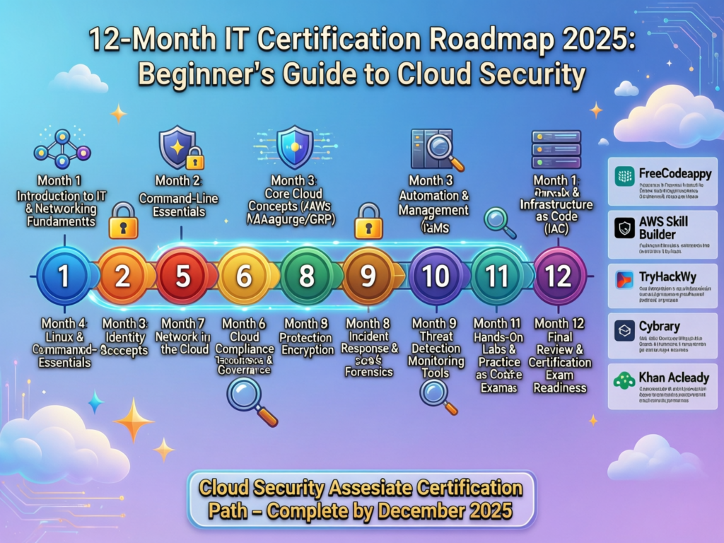 12-month IT certification roadmap 2025 for beginner, cloud and security tracks