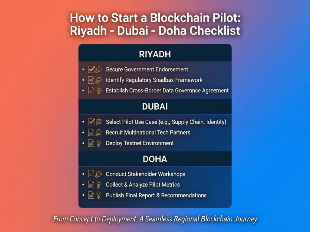 step-by-step checklist to start a low-risk blockchain pilot in Riyadh, Dubai and Doha