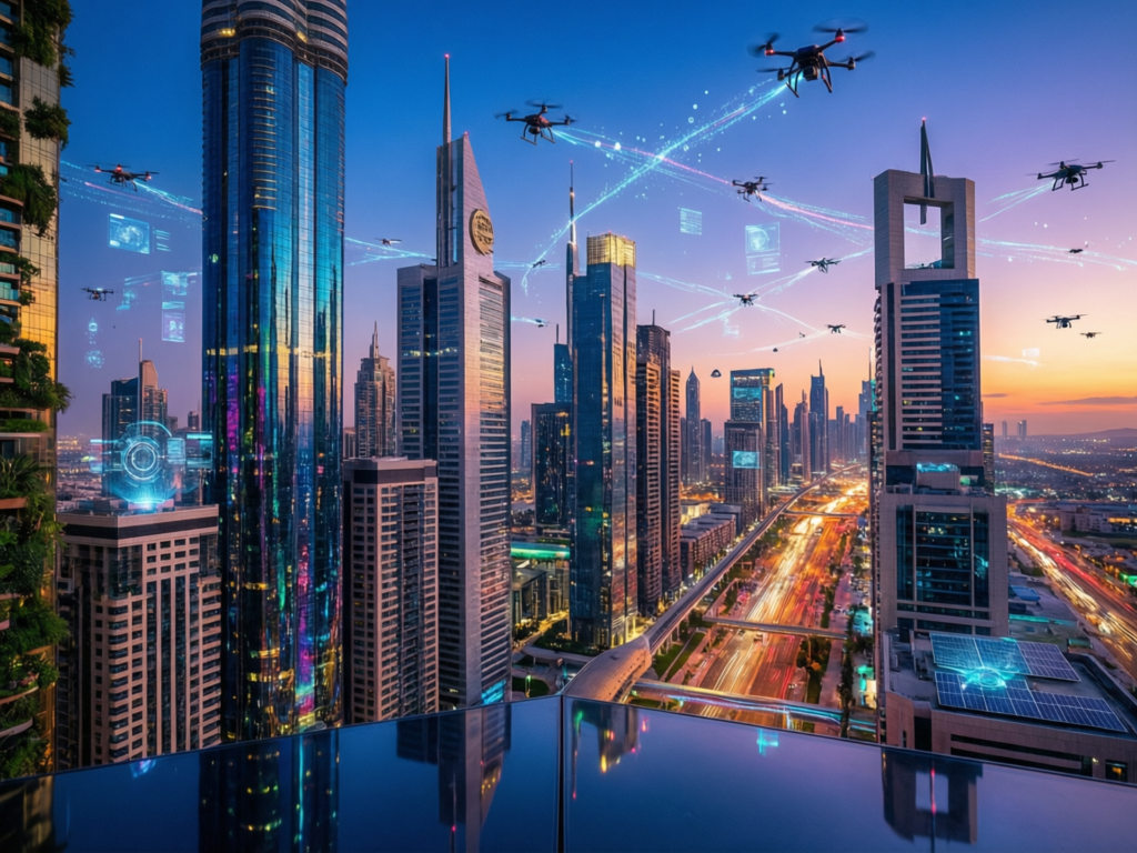UAE smart city skyline with edge computing nodes supporting 5G services
