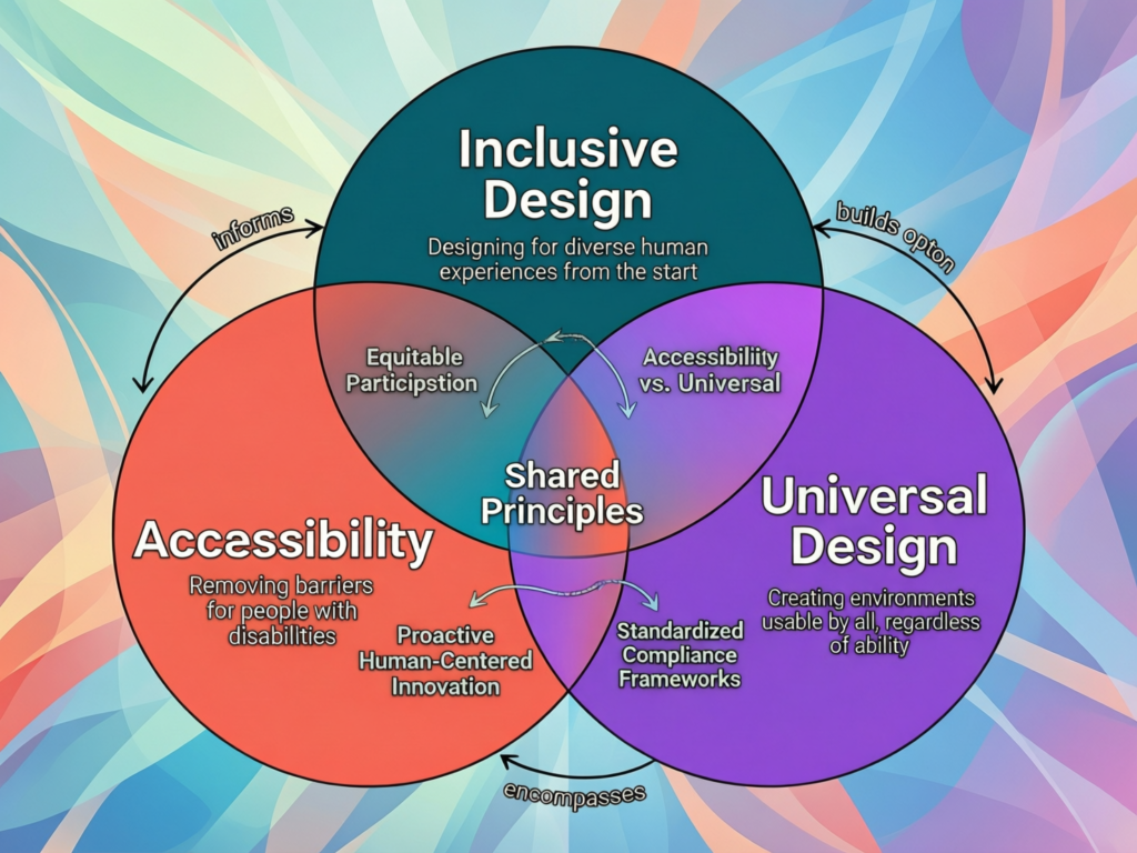 Diagram comparing inclusive design, accessibility and universal design in tech products