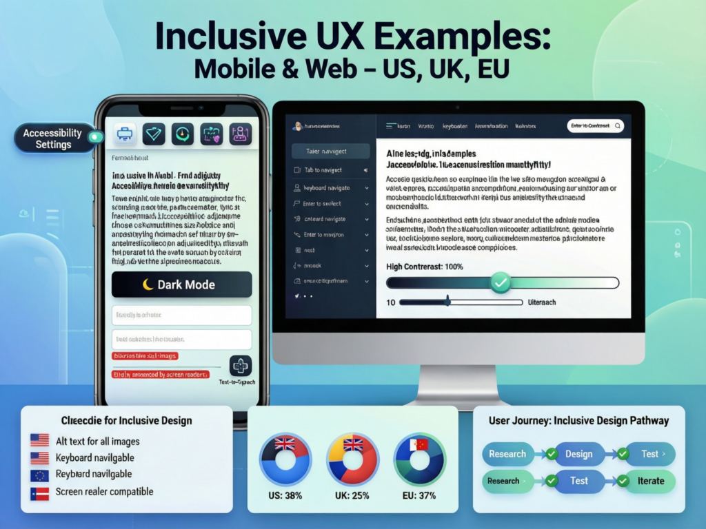 Mobile and web screens showing inclusive UX examples for US, UK and EU apps.