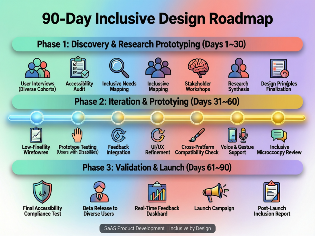 90-day roadmap timeline for implementing inclusive design in a SaaS product.