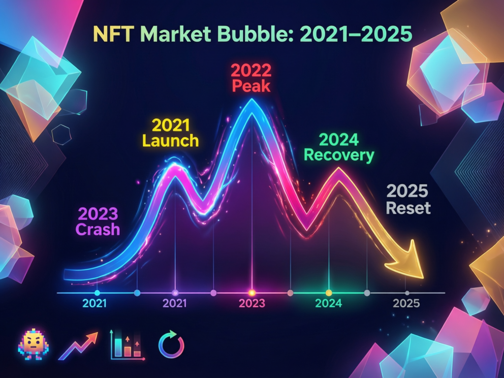 NFT market from 2021 bubble to 2025 reset with volume and supply trends