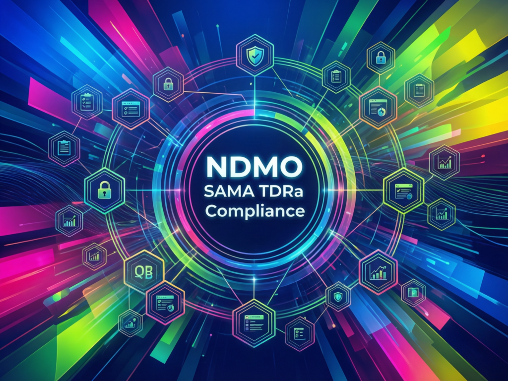 GCC data governance diagram showing NDMO, SAMA, TDRA and QCB compliance for analytics