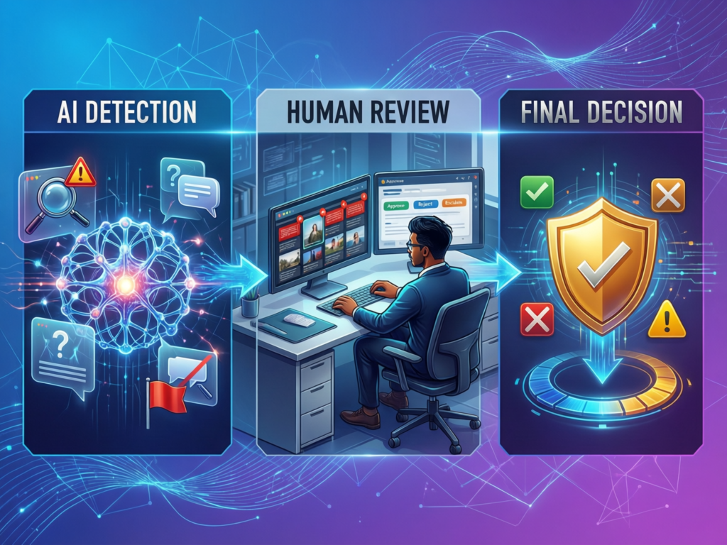 “Hybrid AI–human content moderation workflow from ingestion to human review and reporting”