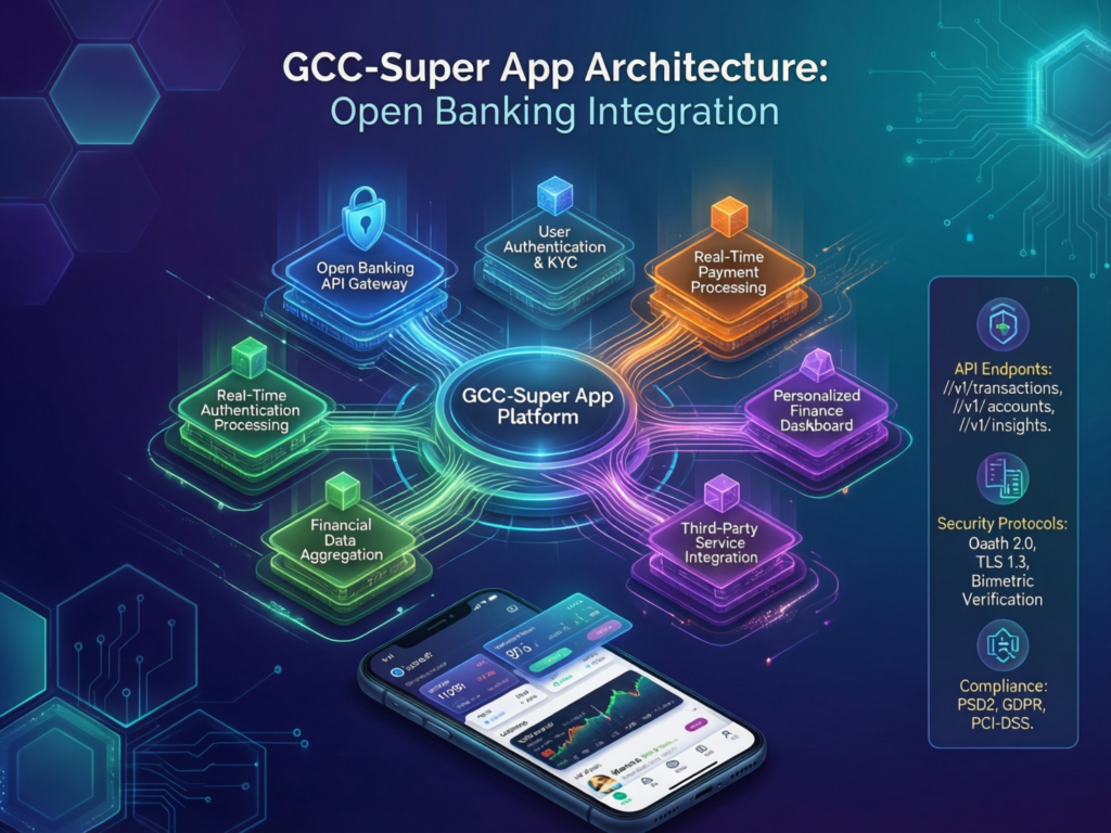Technical architecture diagram of super apps in the Middle East with open banking integration