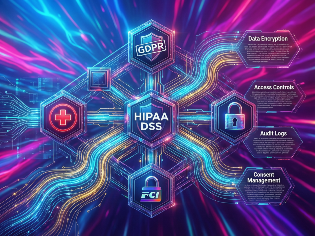 “Platform engineering for regulated industries with GDPR, HIPAA and PCI DSS logos around an internal developer platform”